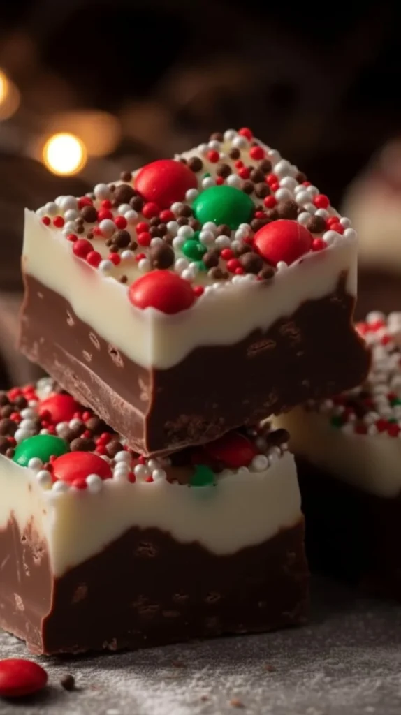Delicious homemade Christmas fudge served on a festive platter.