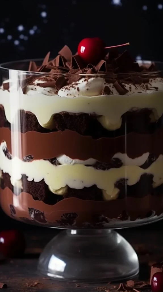 Delicious Black Forest Trifle layered with chocolate, cherries, and cream.