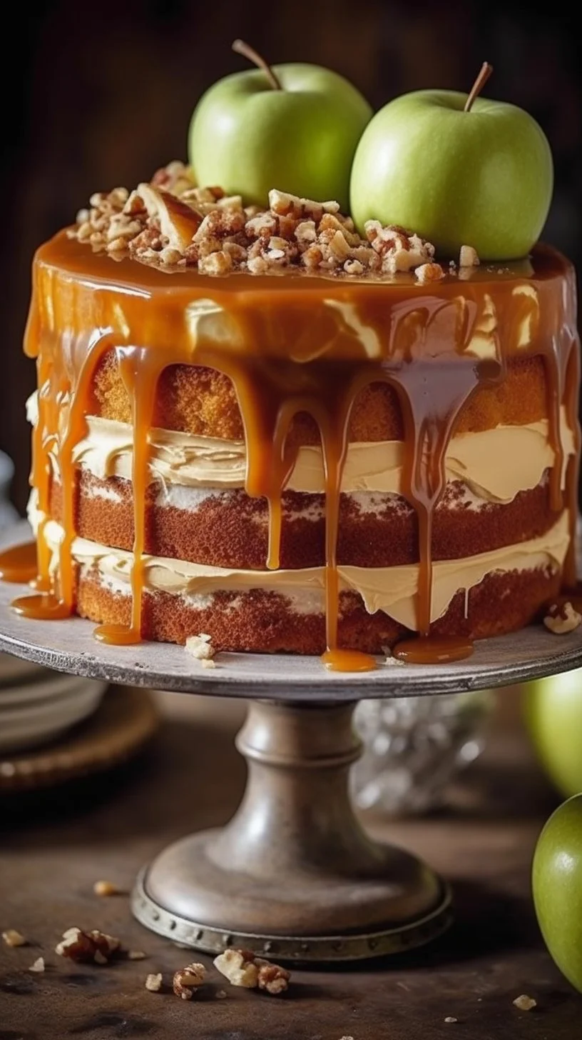 Delicious Caramel Apple Cake with caramel drizzle and apple slices