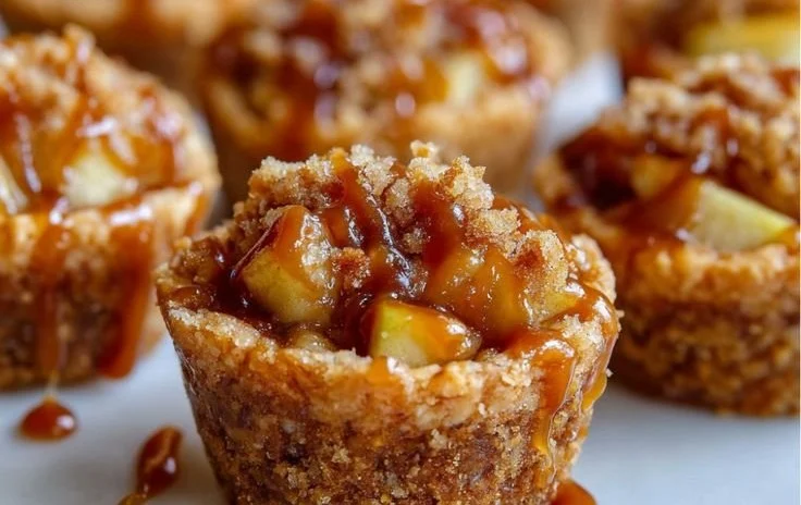 Delicious Caramel Apple Crisp Bites topped with caramel and served in a dessert dish
