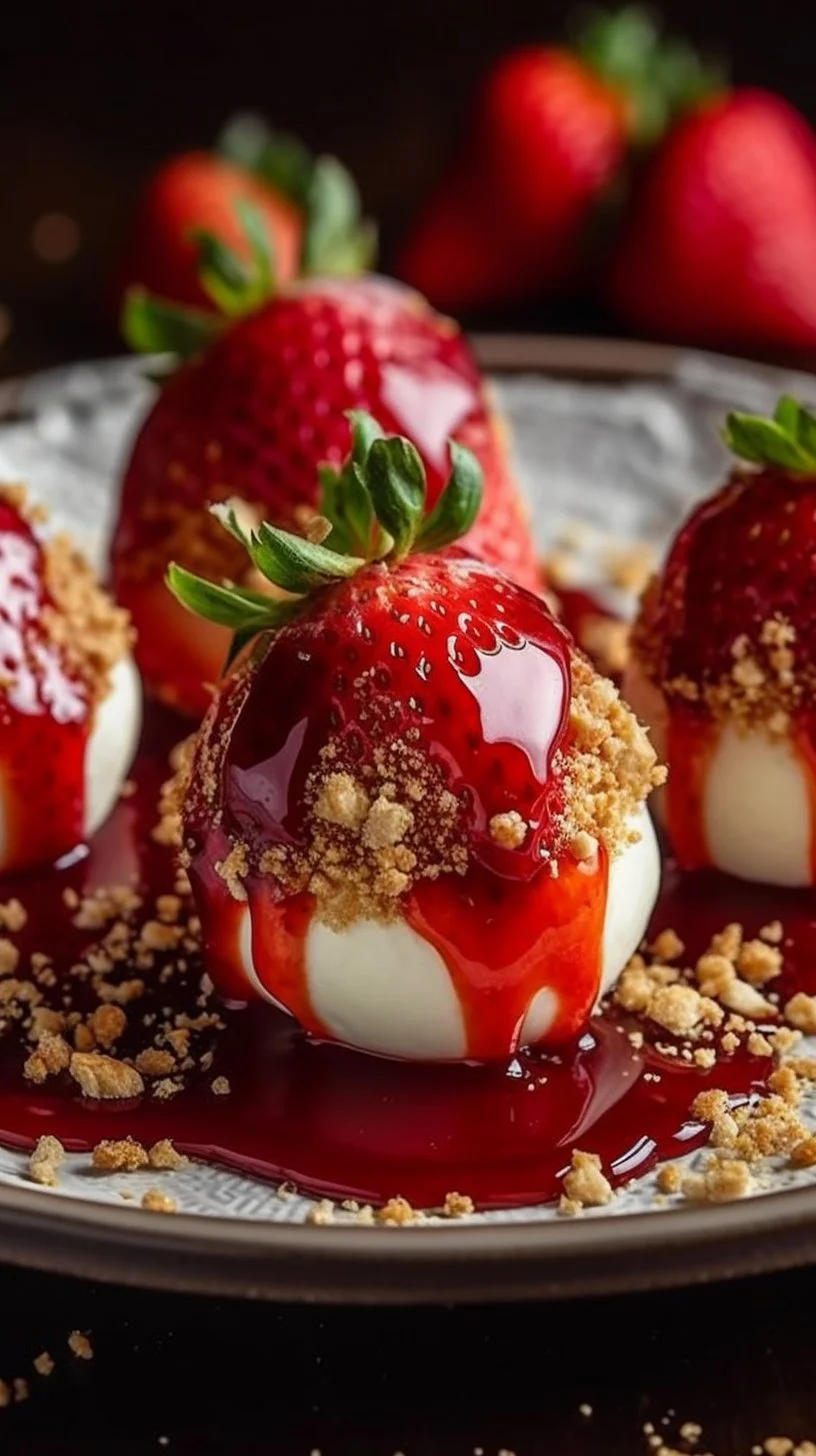 Delicious cheesecake stuffed strawberries topped with creamy filling.