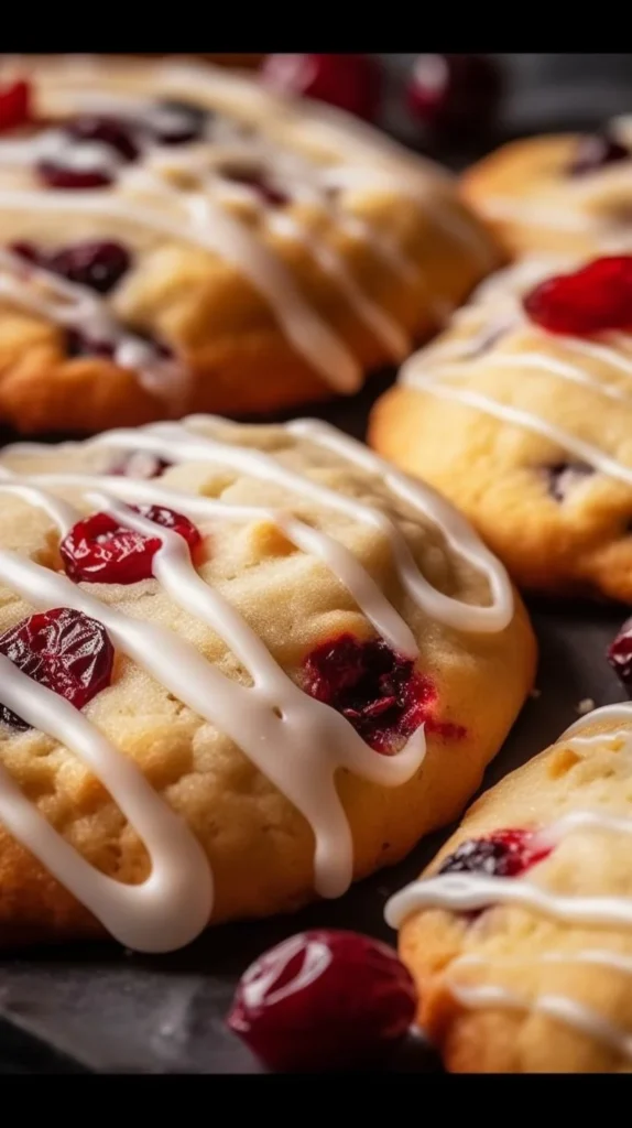 Chewy cranberry orange cookies with festive decorations on a plate.