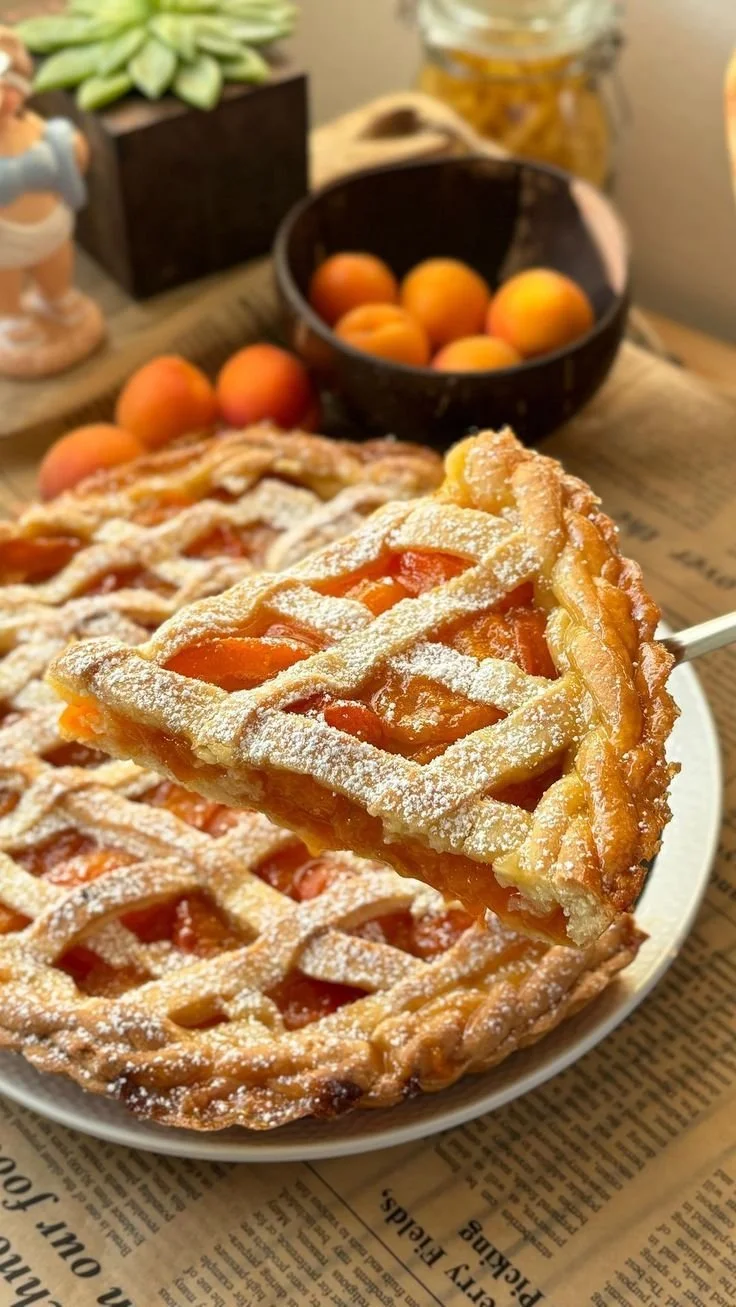Classic apricot pie with a flaky butter crust on a wooden table