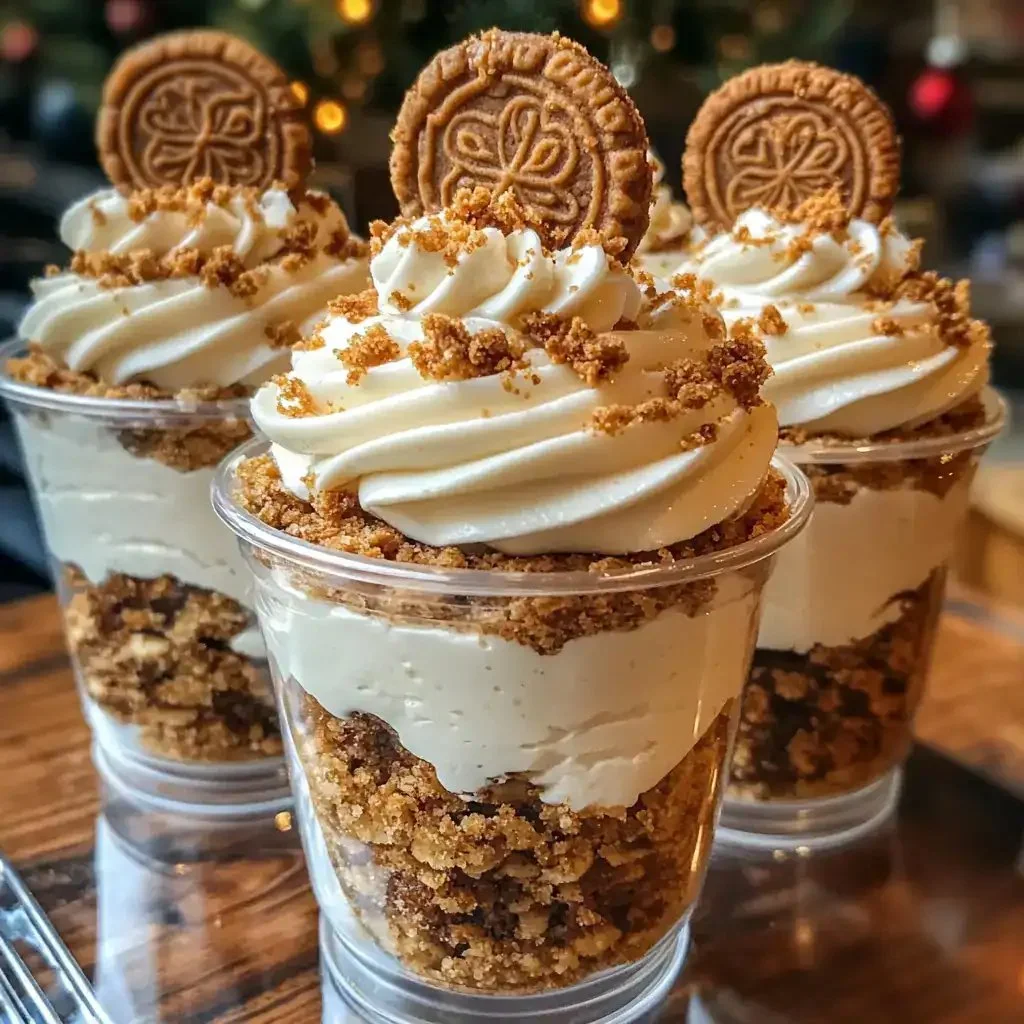 Delicious cookie butter cheesecake cups topped with whipped cream and cookie crumbles