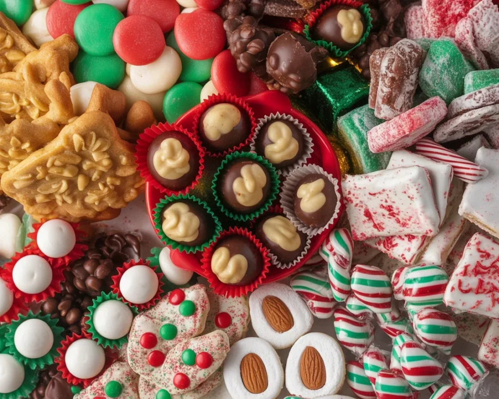 A colorful assortment of homemade Christmas candy recipes on a festive dessert board.