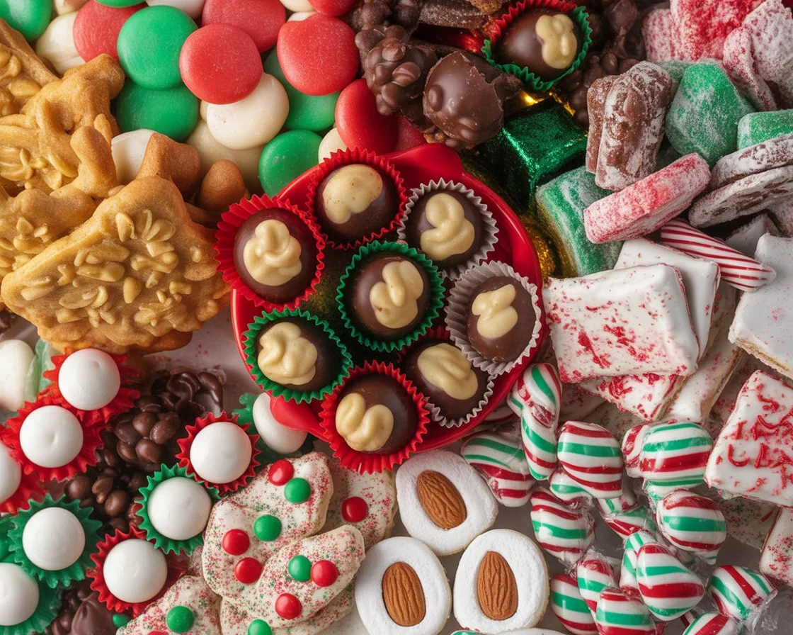 A colorful assortment of homemade Christmas candy recipes on a festive dessert board.