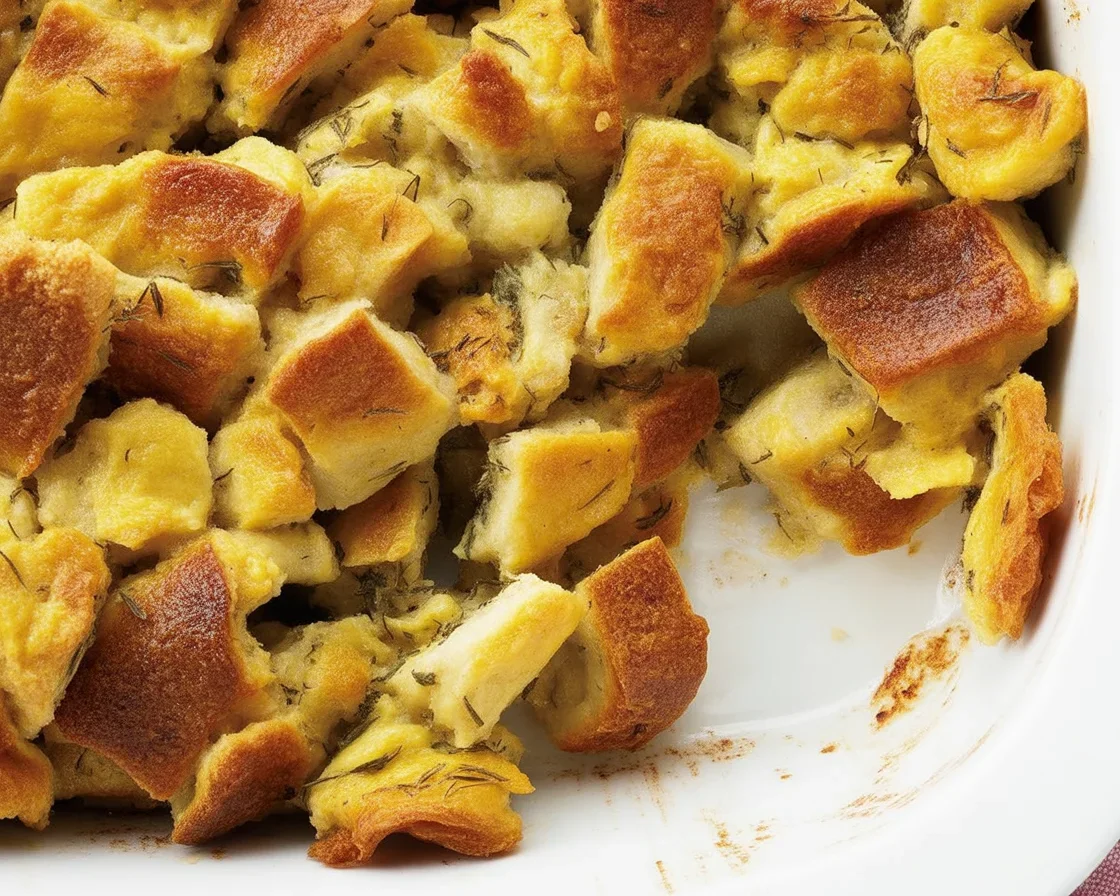 Delicious Thanksgiving stuffing recipe made with bread, herbs, and vegetables.