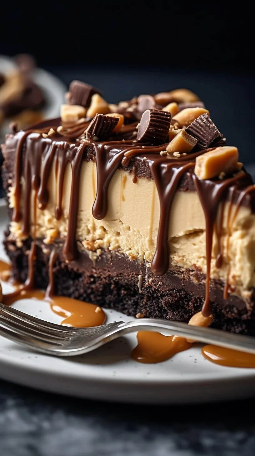 Slice of easy peanut butter pie topped with chocolate drizzle