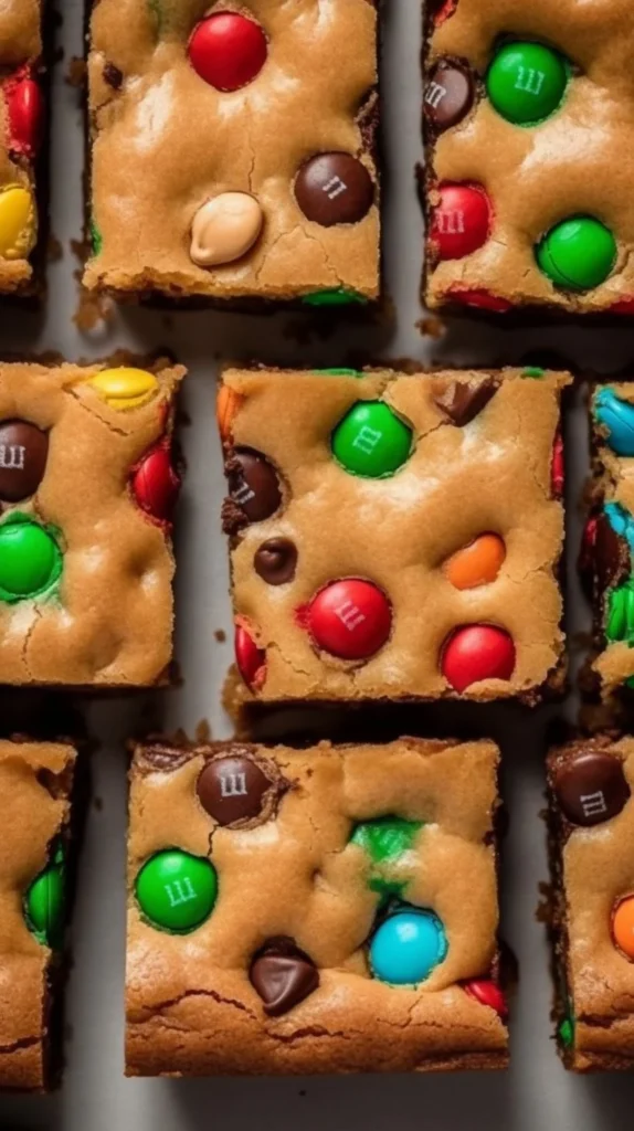 Delicious extra soft and chewy M&M cookie bars with colorful chocolate candies.
