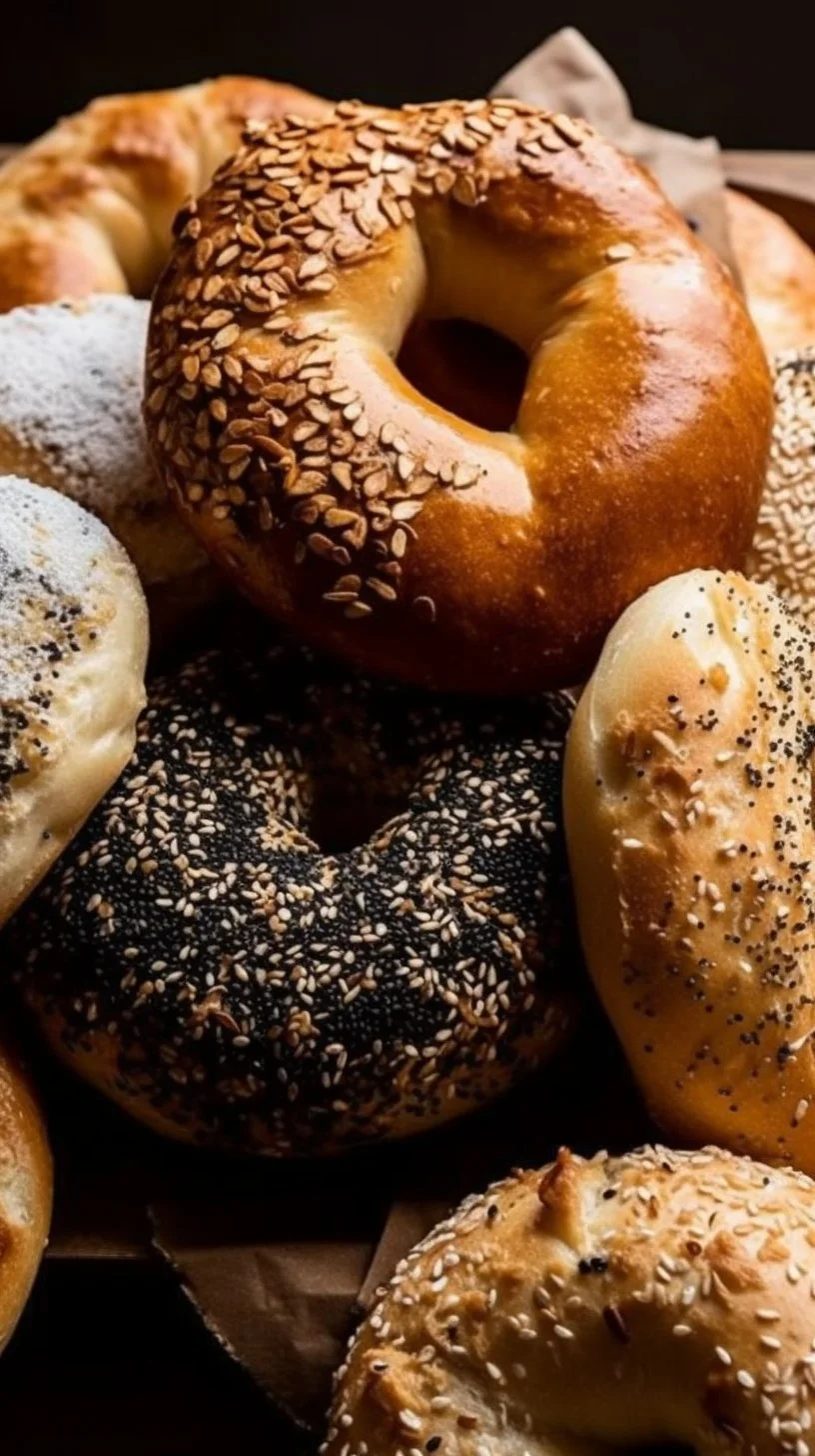 A batch of freshly baked homemade bagels, golden and chewy, on a wooden table.