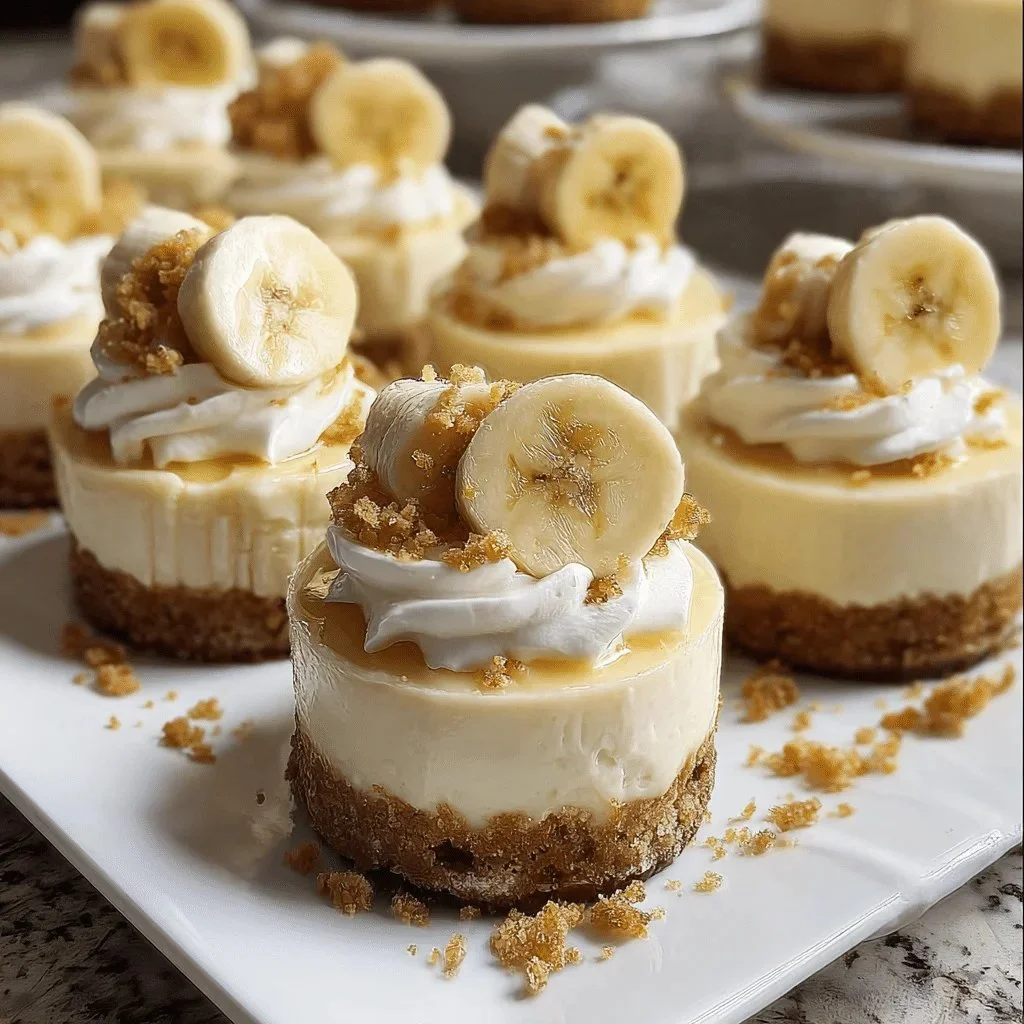 Mini banana pudding cheesecakes topped with whipped cream and banana slices
