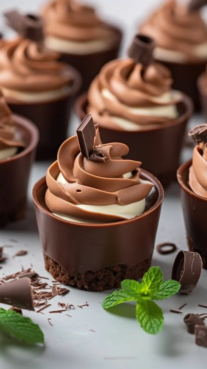 Mini chocolate mousse cups served on a dessert plate