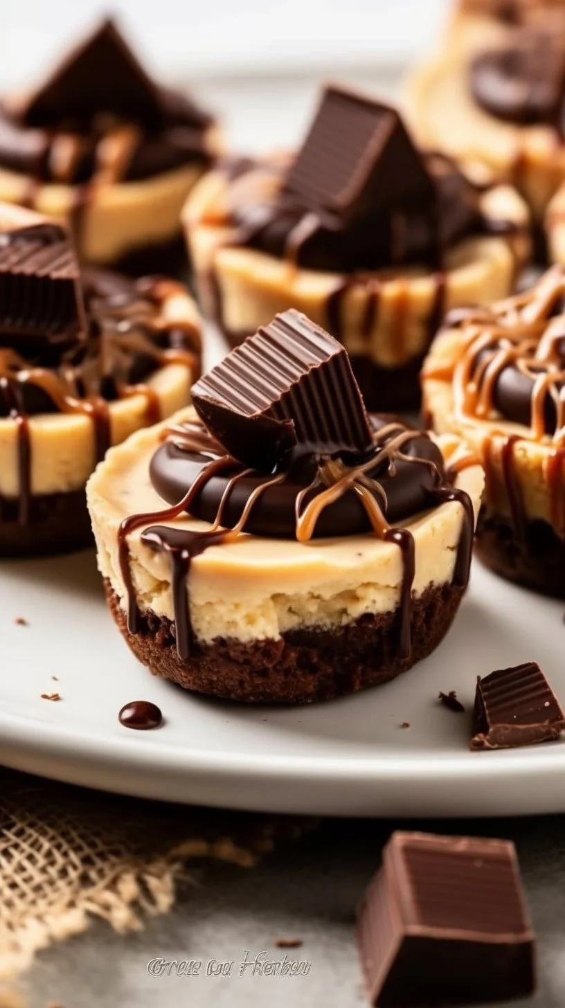 Mini peanut butter pies topped with whipped cream and chocolate drizzle