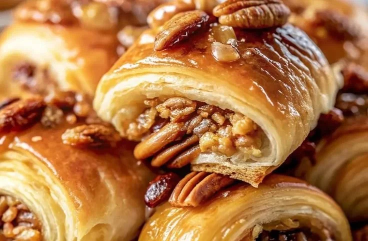 Delicious Pecan Pie Crescent Rolls on a plate topped with nuts.
