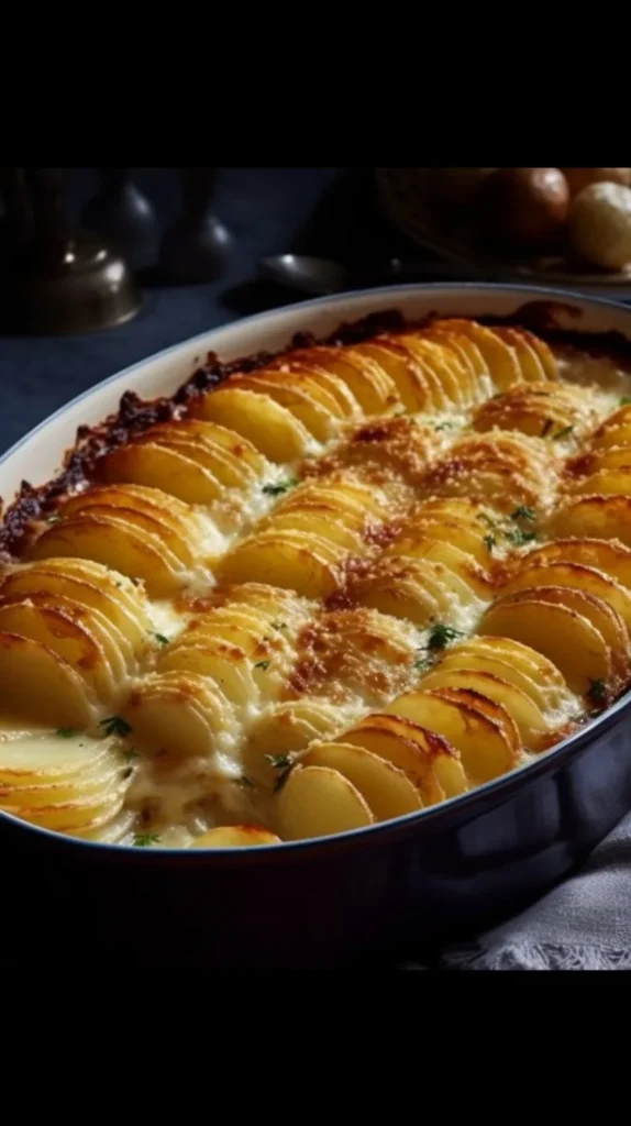 Delicious potatoes au gratin baked to perfection with creamy cheese layers