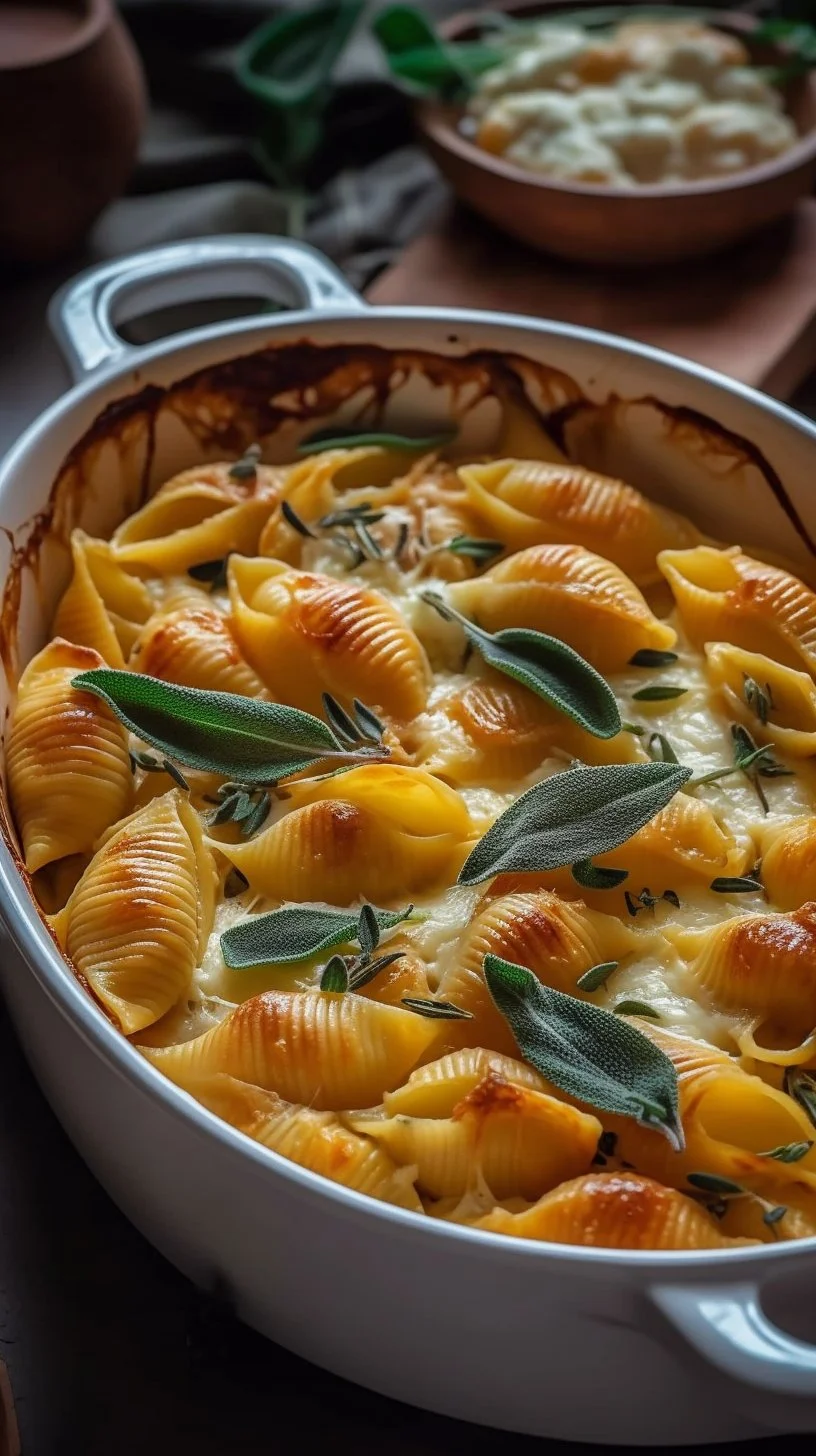 Pumpkin and Gouda stuffed shells topped with brown butter sage Alfredo sauce