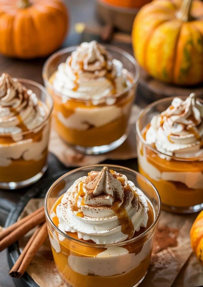 Delicious pumpkin mousse served in a glass with a sprinkle of cinnamon on top.
