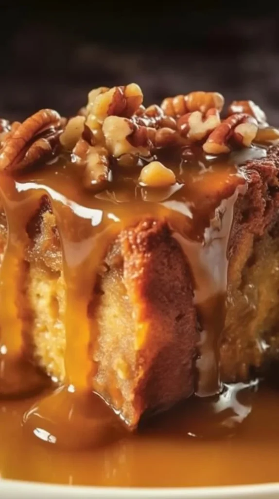 Delicious pumpkin praline bread pudding topped with caramel and nuts