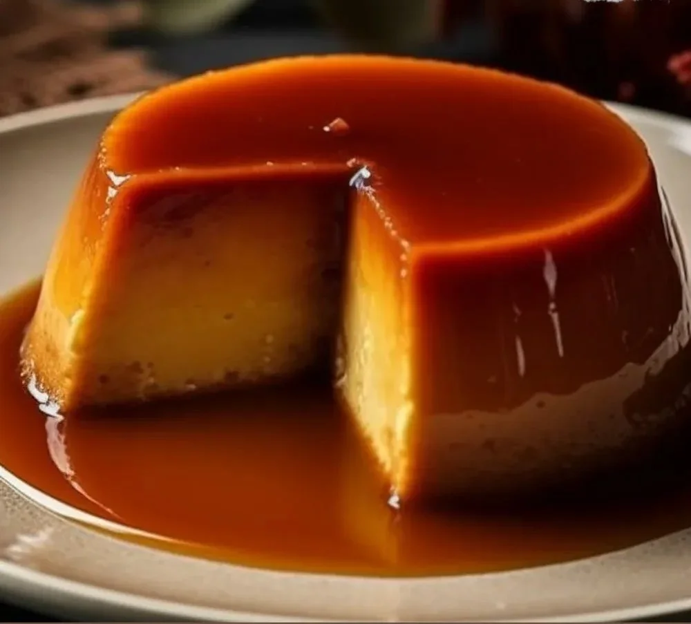 Delicious rich and creamy pumpkin flan dessert garnished with caramel sauce