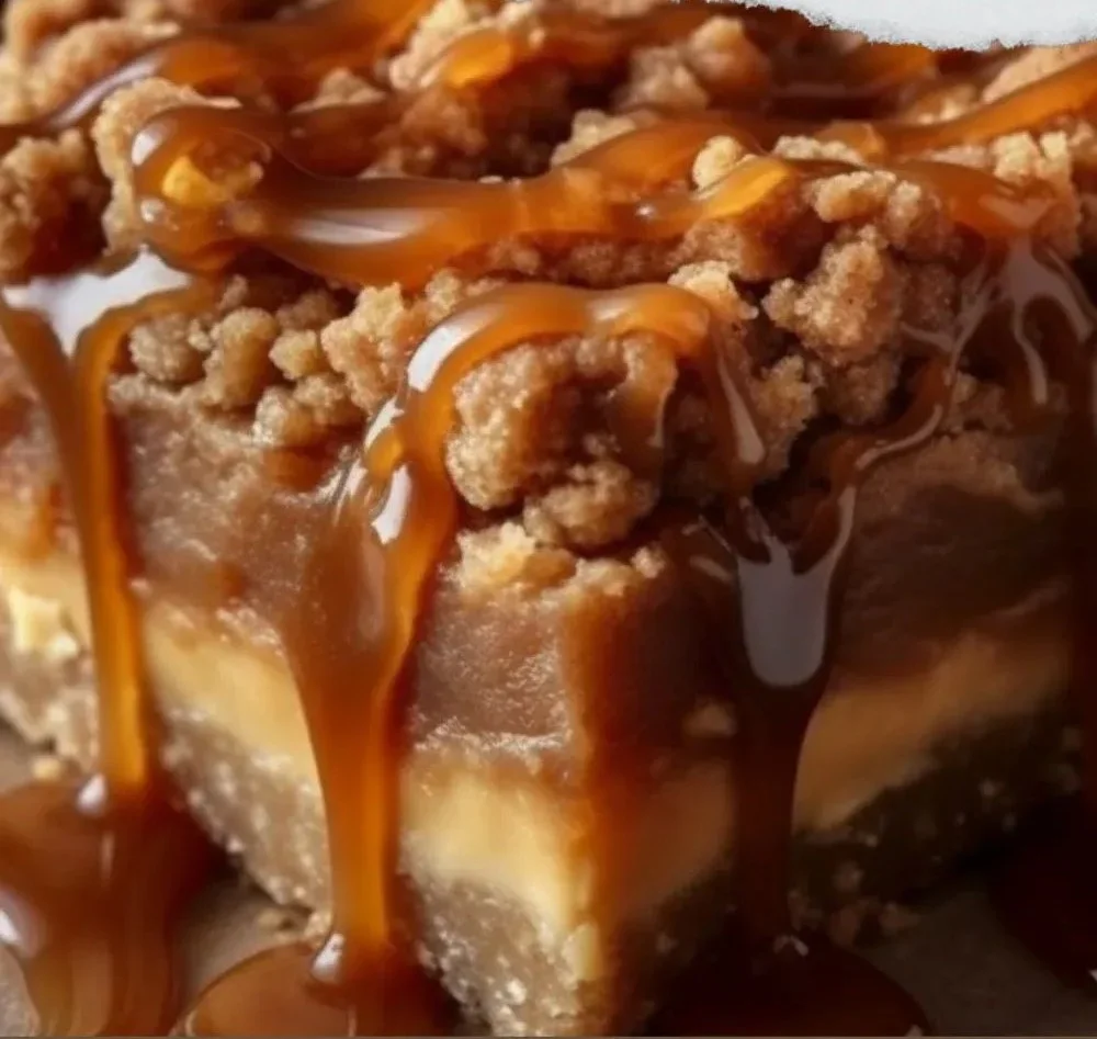 Delicious Salted Caramel Apple Crumble Bars topped with caramel drizzle and crumble