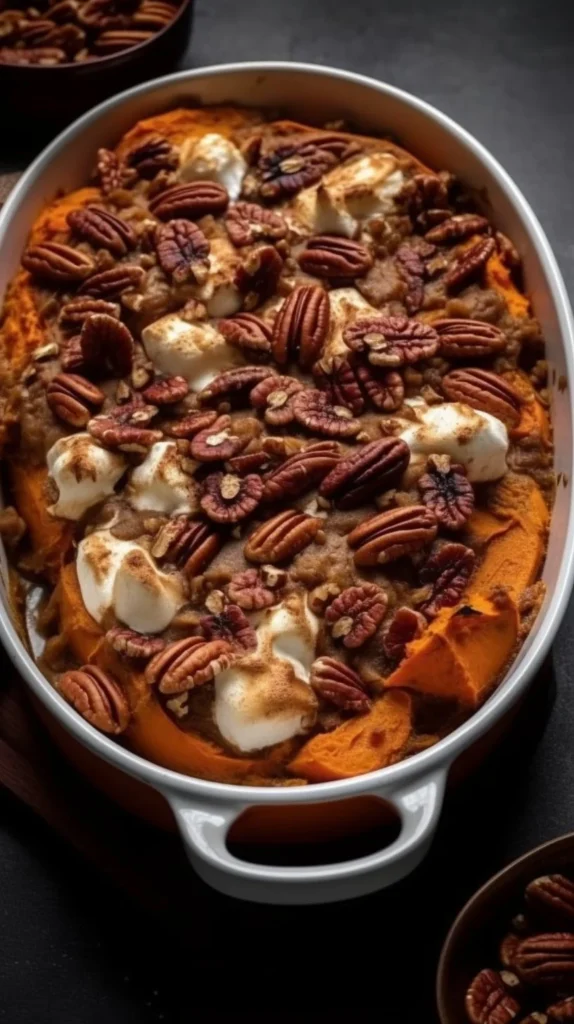 Southern Maple Sweet Potato Casserole topped with marshmallows and pecans