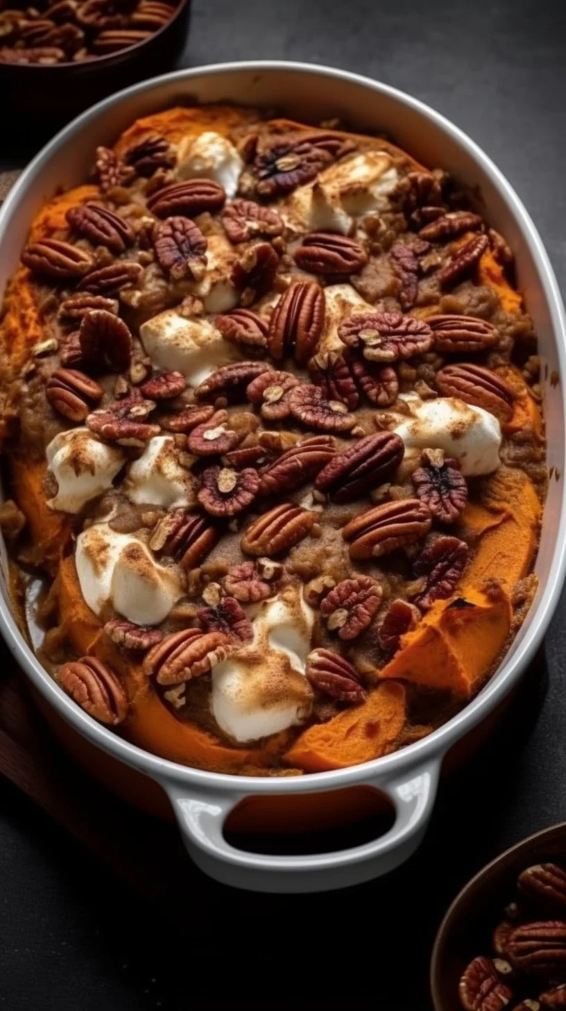 Southern Maple Sweet Potato Casserole topped with marshmallows and pecans