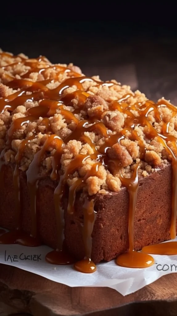 Apple crumble loaf cake topped with caramel drizzle on a wooden table