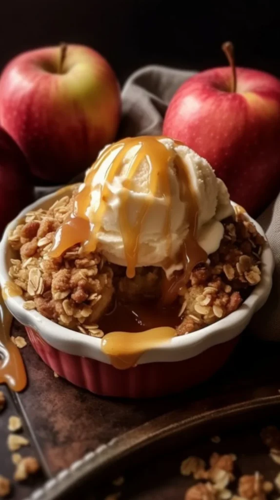 Delicious baked apples topped with a crunchy oats mixture, ready to enjoy.