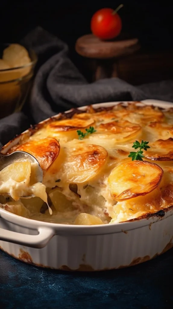 Baked chicken and potato casserole with tomatoes and melted cheese