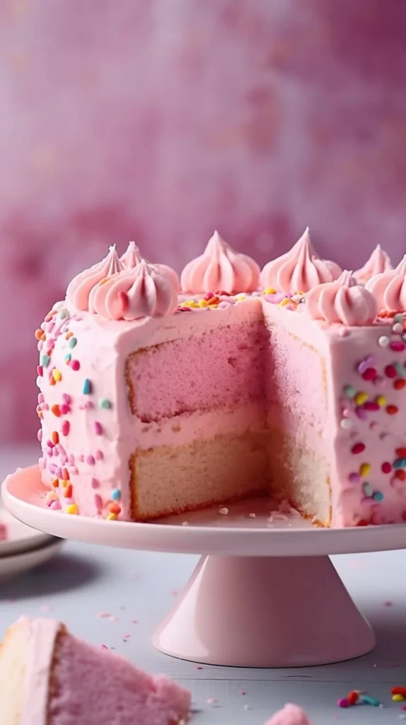 Beautifully baked pink angel food cake topped with whipped cream and berries