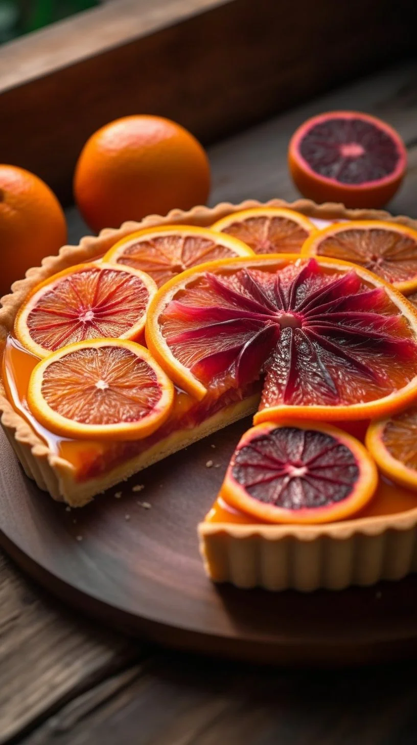 Delicious blood orange tart with a crispy almond crust garnished with citrus slices