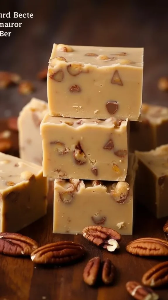 Delicious homemade butter pecan fudge on a plate, showcasing its creamy texture and nuts.