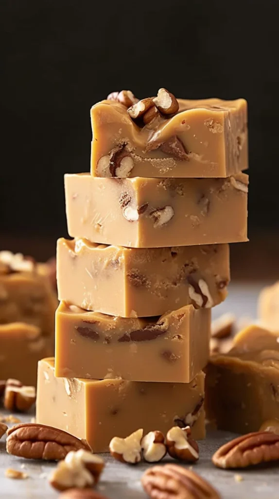 Delicious homemade Butter Pecan Fudge with nuts and chocolate drizzles.