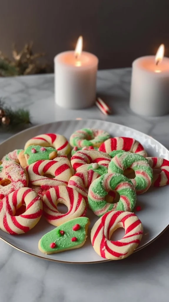Festively decorated Candy Cane Cookies on a holiday platter