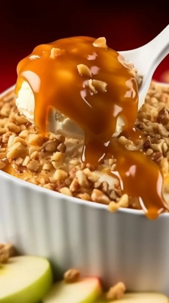 Delicious caramel apple cheesecake dip served in a bowl with apple slices for dipping