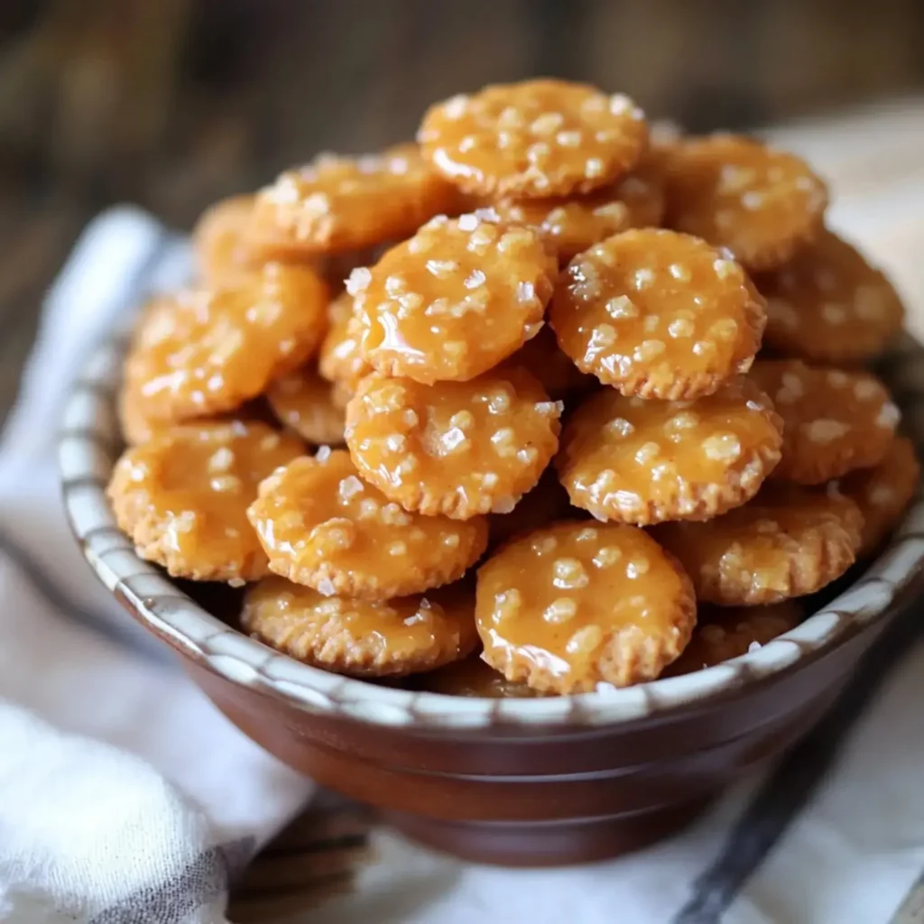 Delicious caramel crackers stacked on a plate