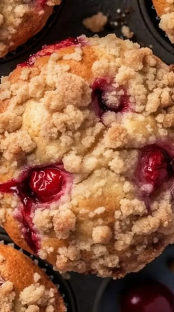 Freshly baked cherry cobbler muffins with cherries on top