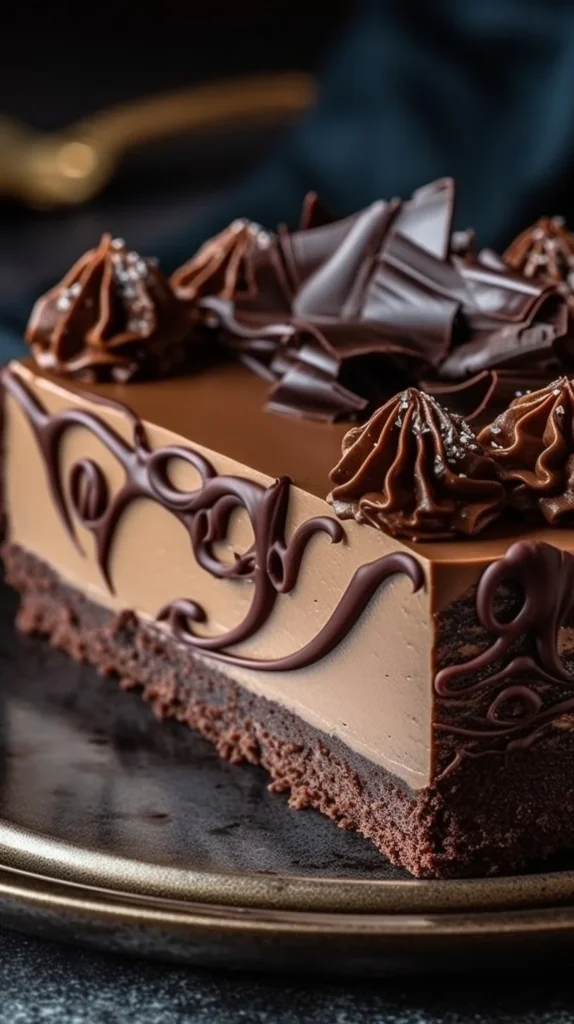 Decadent chocolate mousse cheesecake topped with chocolate shavings
