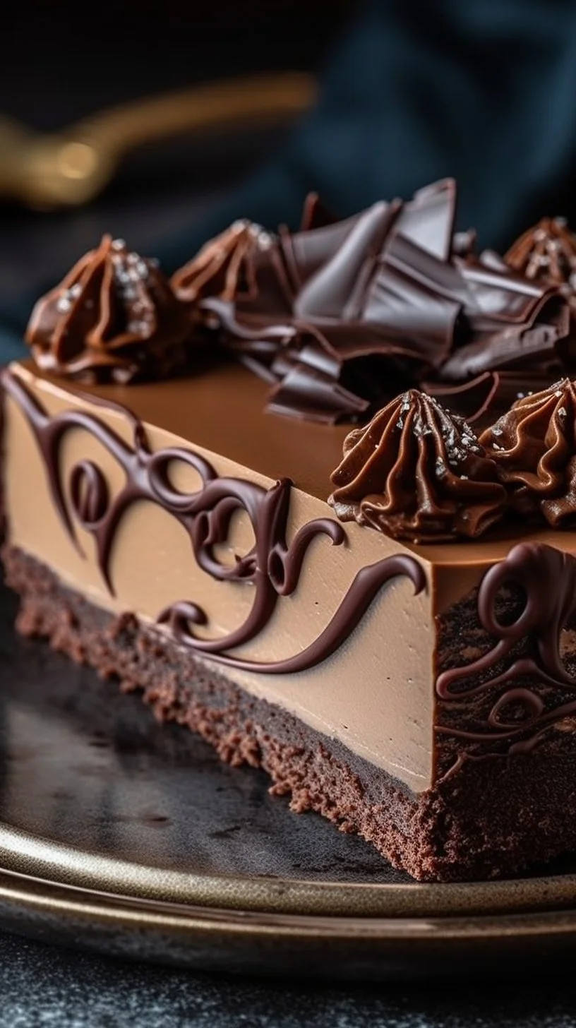 Decadent chocolate mousse cheesecake topped with chocolate shavings