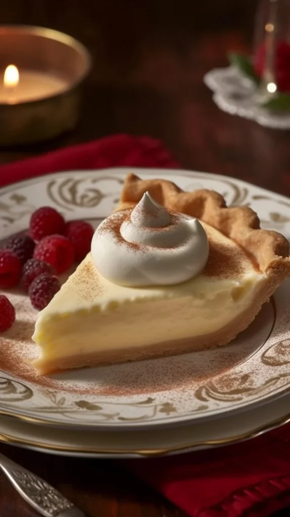 Christmas Eve cinnamon-vanilla creamy custard pie slice on a plate