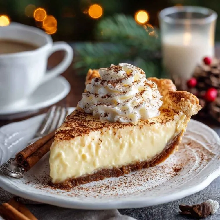 A delicious Cinnamon-Vanilla Custard Pie decorated for Christmas Eve