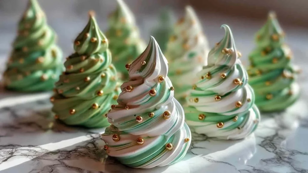 Festive Christmas Tree Meringues displayed on a plate for holiday celebrations