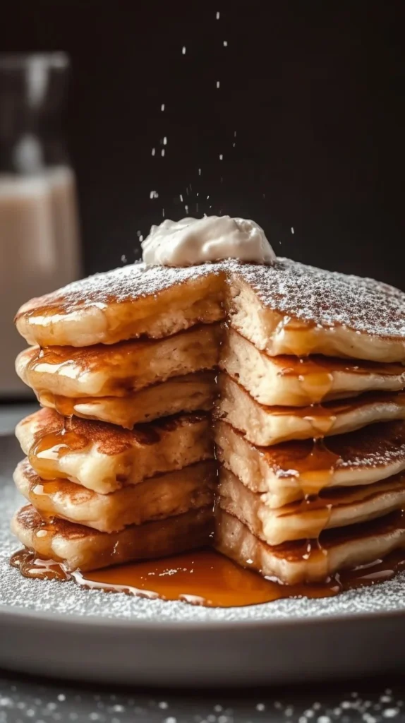 Delicious cinnamon roll pancakes served with cream cheese frosting and cinnamon sugar.