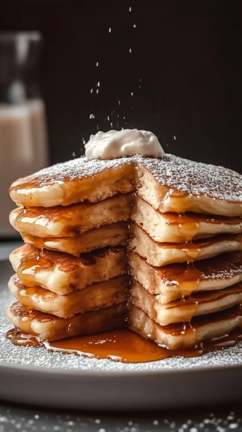 Delicious cinnamon roll pancakes served with cream cheese frosting and cinnamon sugar.