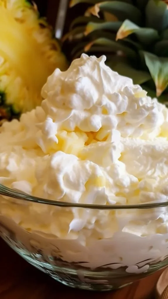 Delicious bowl of Cool Whip Pineapple Fluff dessert topped with pineapple chunks.
