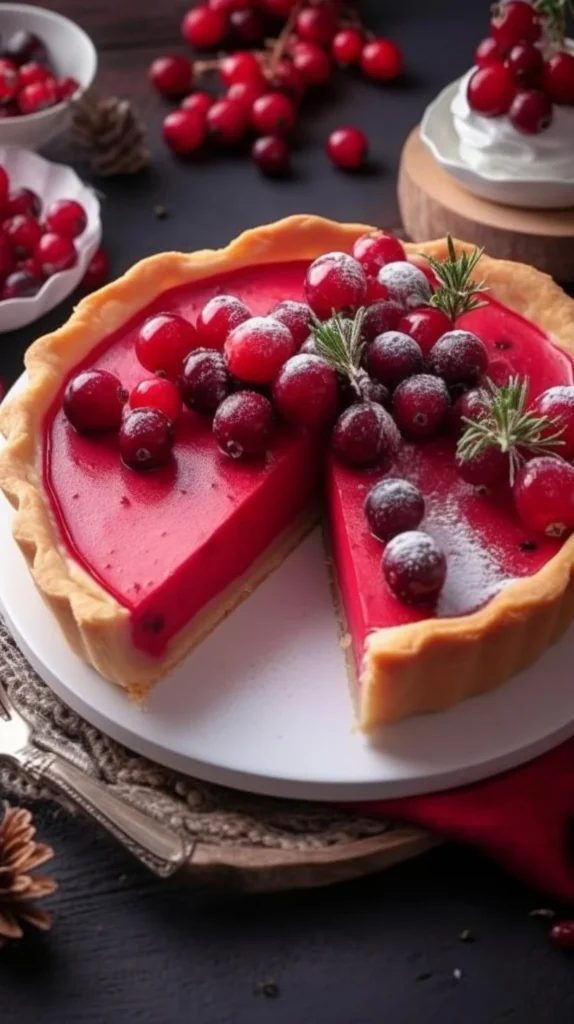 Slice of Cranberry Custard Pie with cranberries and custard filling on a plate