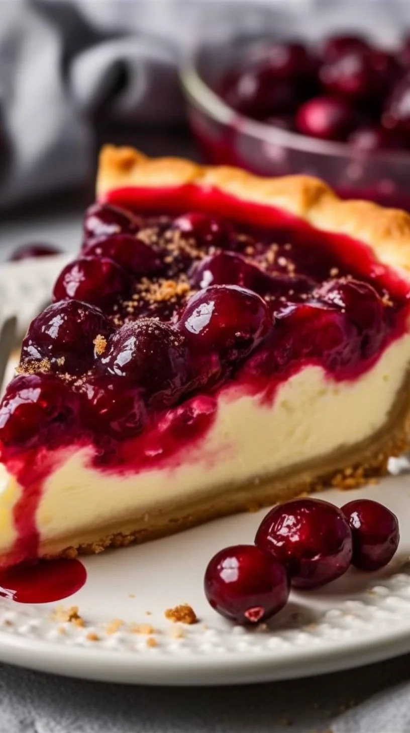 Delicious cranberry custard pie slice with creamy filling and cranberry topping.