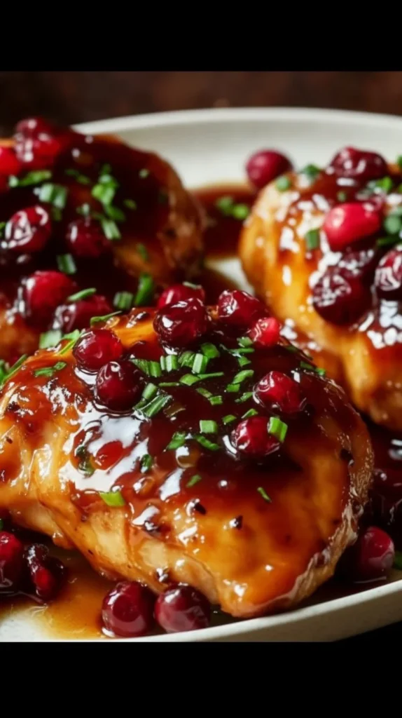 Cranberry orange glazed chicken served with fresh herbs on a plate.