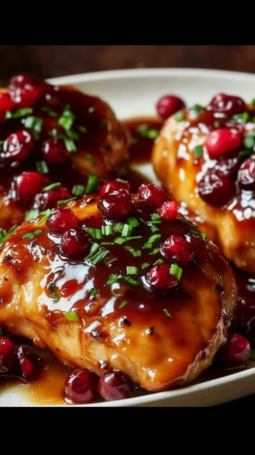 Cranberry orange glazed chicken served with fresh herbs on a plate.