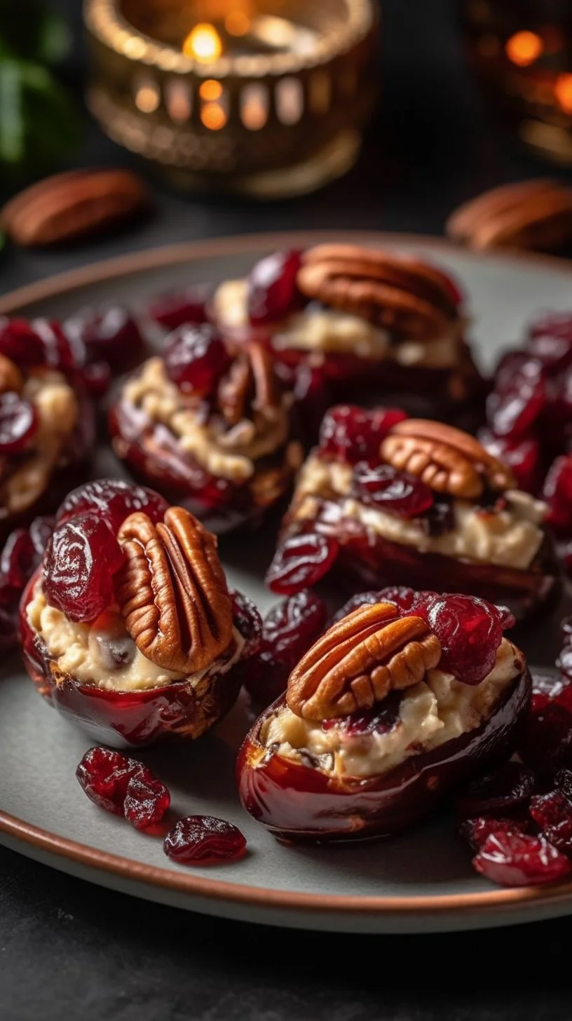 Cranberry pecan cream cheese stuffed dates on a plate